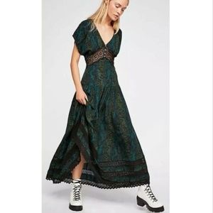 Free People Teal and Black Lace-Trim Maxi Dress